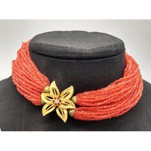 Vintage 1960's Red Beaded Necklace with Flower Clasp